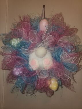 Pastel Easter Bunny Mesh Wreath - Pink & Blue